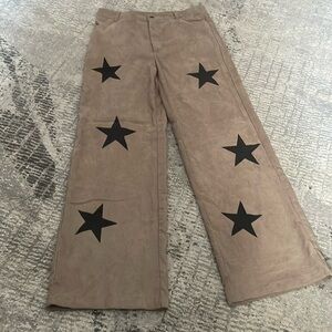 NWOTs Ladies SHEIN light brown with dark brown stars flare leg pants. Sz L